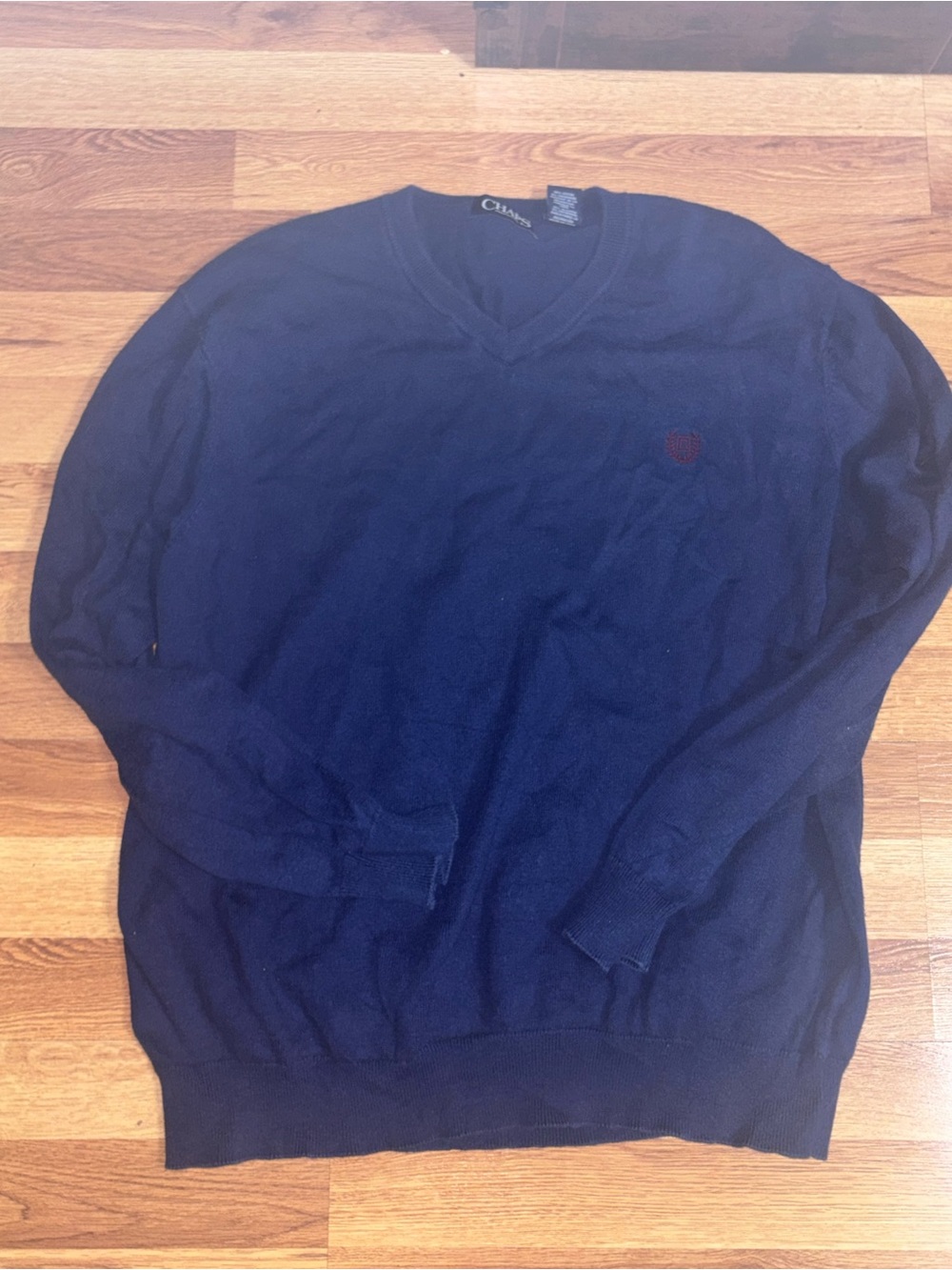 Chaps Men's Navy V-Neck Sweater with Subtle Crest